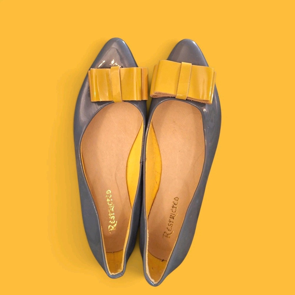 Retro Blue Yellow Green Bow Pointed Toe Patent Leather Ballet Flats Women's 8.5